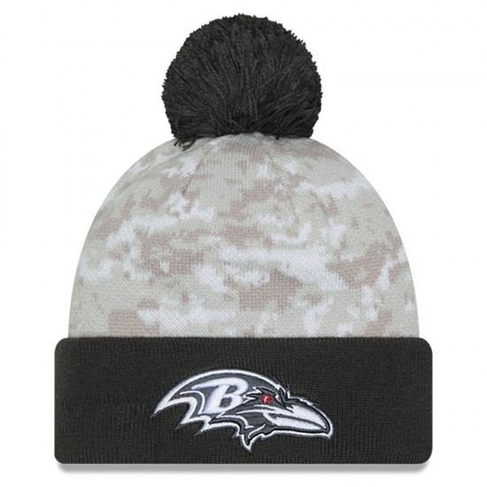 Baltimore Ravens  New Era White-Graphite 2024 Salute To Service Digital Camo Cuffed Knit Hat with Pom