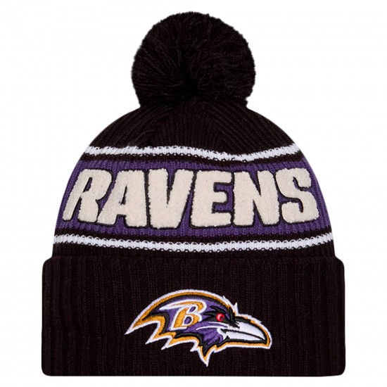 Baltimore Ravens New Era Black 2024 Sideline Cuffed Knit Hat with Pom