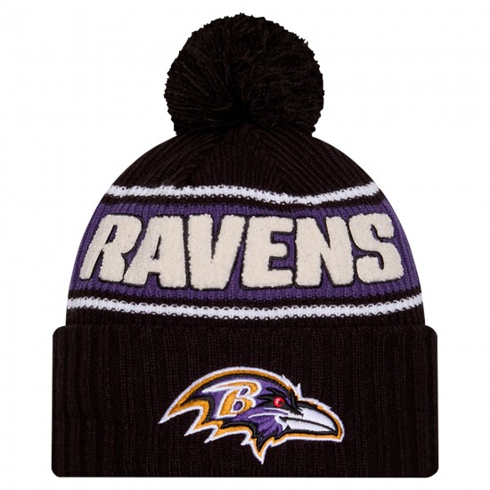 Baltimore Ravens New Era Black 2024-25 Sideline Cuffed Knit Hat with Pom