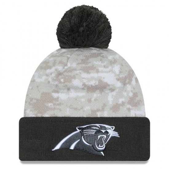 Carolina Panthers  New Era White-Graphite 2024 Salute To Service Digital Camo Cuffed Knit Hat with Pom