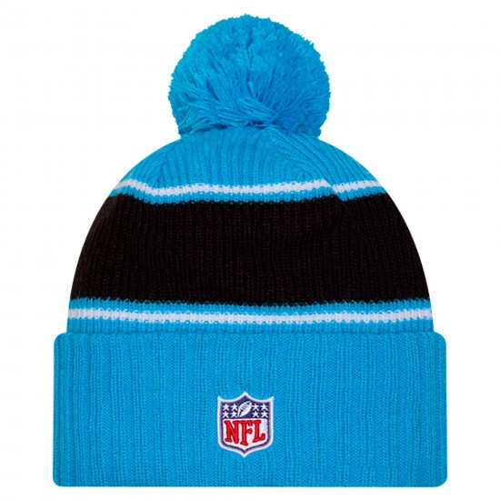 Carolina Panthers New Era Blue 2024 Sideline Cuffed Knit Hat with Pom
