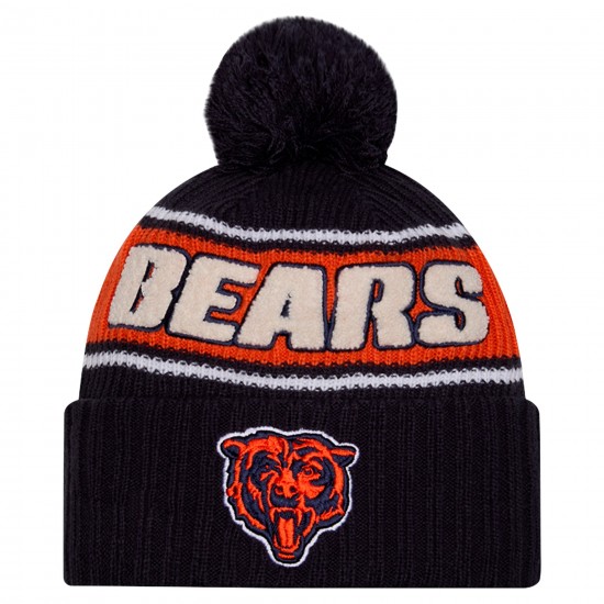 Chicago Bears New Era Navy 2024 Sideline Cuffed Knit Hat with Pom