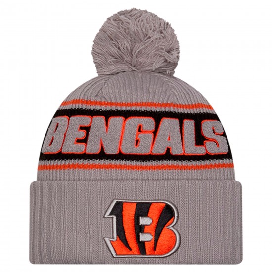 Cincinnati Bengals  New Era Gray 2024 Sideline Sport Cuffed Knit Hat with Pom