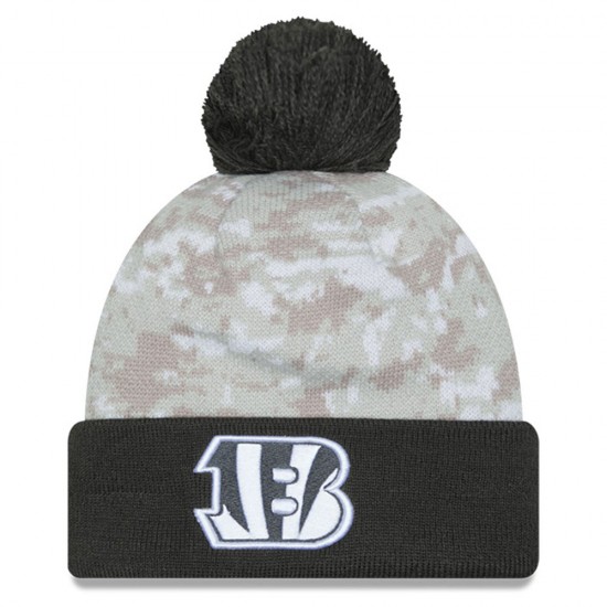 Cincinnati Bengals  New Era White-Graphite 2024 Salute To Service Digital Camo Cuffed Knit Hat with Pom