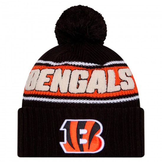 Cincinnati Bengals New Era Black 2024 Sideline Sport Cuffed Knit Hat with Pom