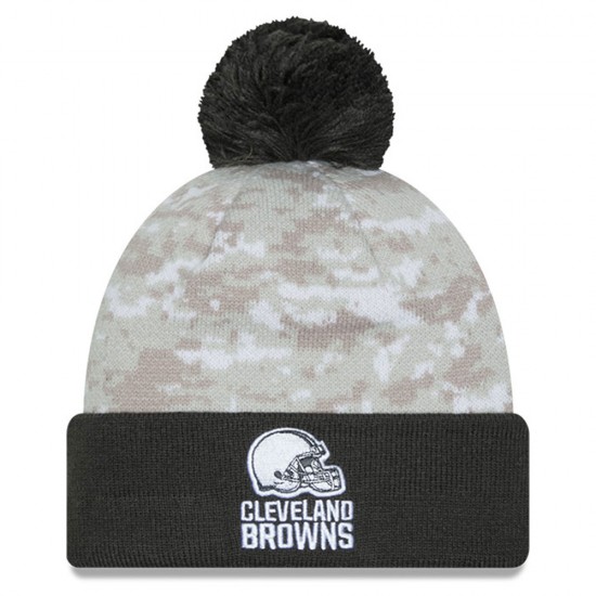 Cleveland Browns  New Era White-Graphite 2024 Salute To Service Digital Camo Cuffed Knit Hat with Pom