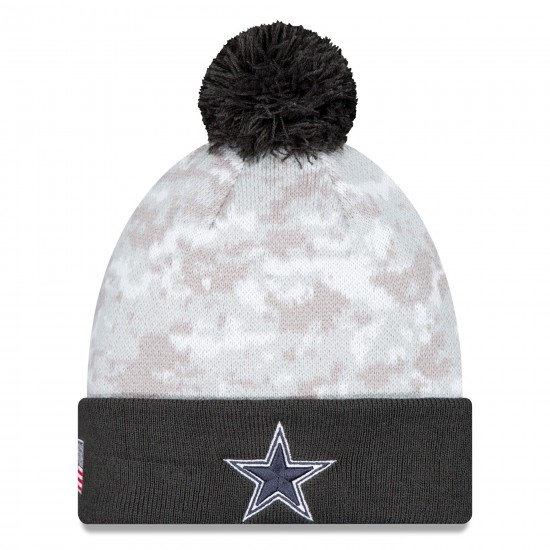 Dallas Cowboys  New Era White-Graphite 2024 Salute To Service Digital Camo Cuffed Knit Hat with Pom