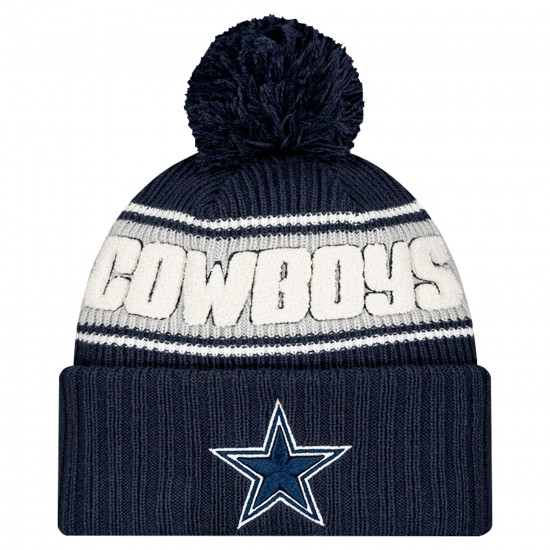 Dallas Cowboys New Era Navy 2024 Sideline Cuffed Knit Hat with Pom