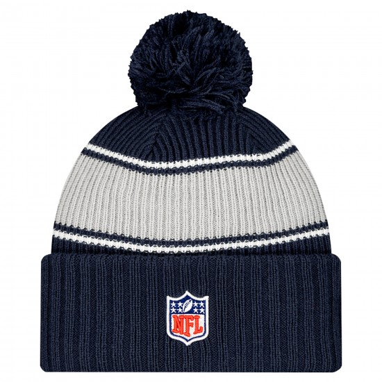 Dallas Cowboys New Era Navy 2024 Sideline Cuffed Knit Hat with Pom