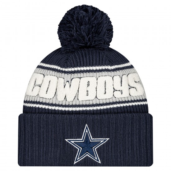 Dallas Cowboys New Era Navy 2024-25 Sideline Cuffed Knit Hat with Pom