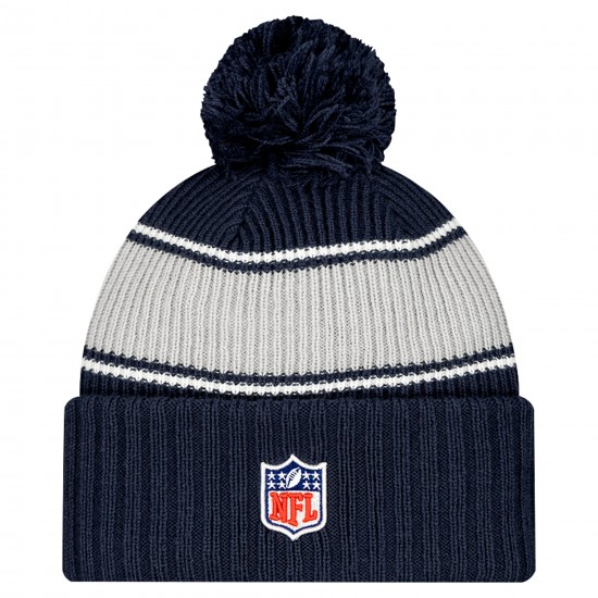 Dallas Cowboys New Era Navy 2024-25 Sideline Cuffed Knit Hat with Pom