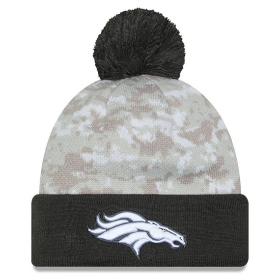 Denver Broncos  New Era White-Graphite 2024 Salute To Service Digital Camo Cuffed Knit Hat with Pom