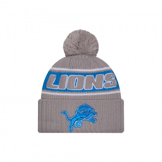 Detroit Lions  New Era Gray 2024 Sideline Sport Cuffed Knit Hat with Pom