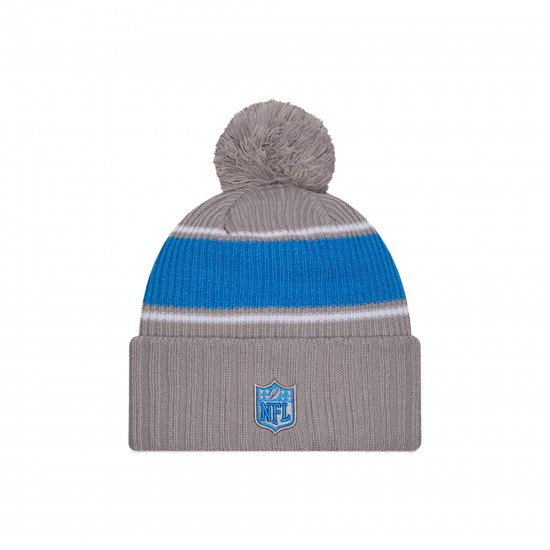 Detroit Lions  New Era Gray 2024 Sideline Sport Cuffed Knit Hat with Pom