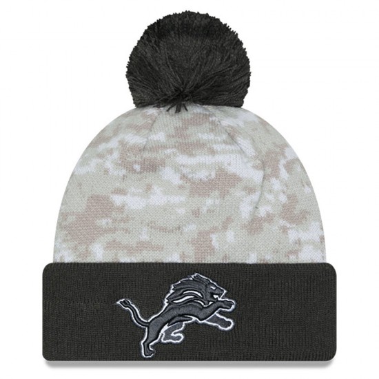 Detroit Lions  New Era White-Graphite 2024 Salute To Service Digital Camo Cuffed Knit Hat with Pom