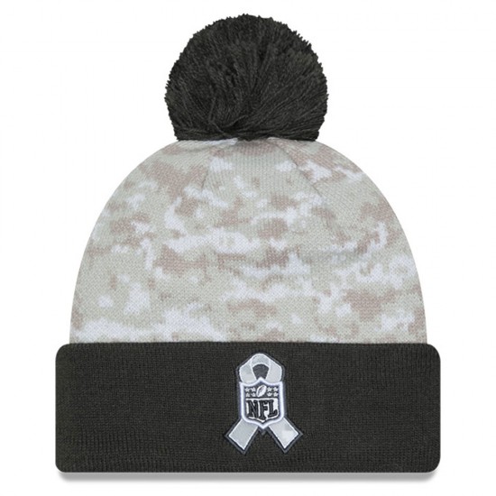 Detroit Lions  New Era White-Graphite 2024 Salute To Service Digital Camo Cuffed Knit Hat with Pom