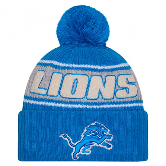 Detroit Lions New Era Blue 2024 Sideline Cuffed Knit Hat with Pom