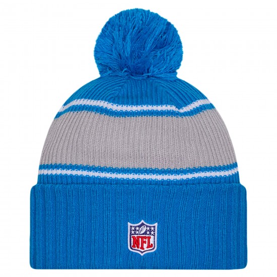 Detroit Lions New Era Blue 2024 Sideline Cuffed Knit Hat with Pom
