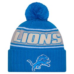 Detroit Lions New Era Blue 2024 Sideline Sport Cuffed Knit Hat with Pom