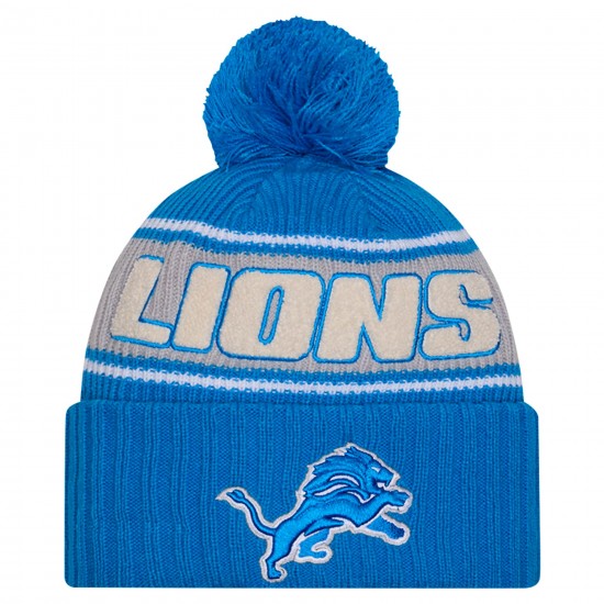 Detroit Lions New Era Blue 2024 Sideline Sport Cuffed Knit Hat with Pom