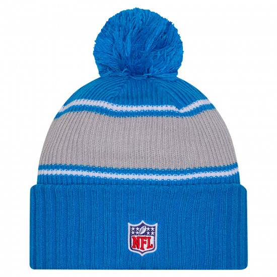Detroit Lions New Era Blue 2024 Sideline Sport Cuffed Knit Hat with Pom