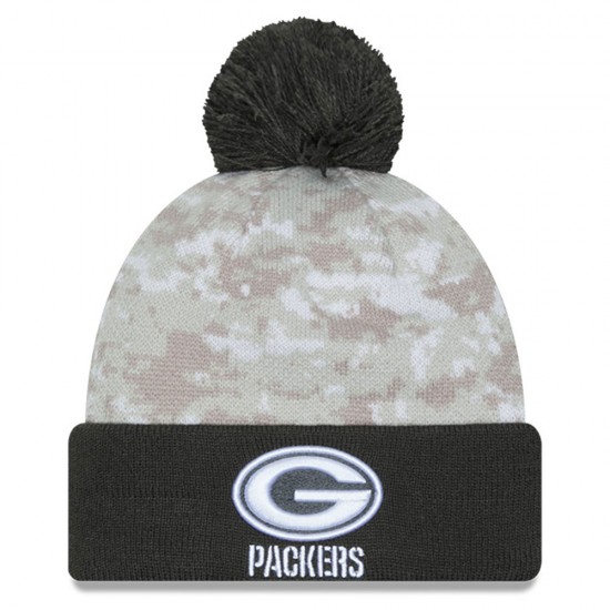 Green Bay Packers  New Era White-Graphite 2024 Salute To Service Digital Camo Cuffed Knit Hat with Pom