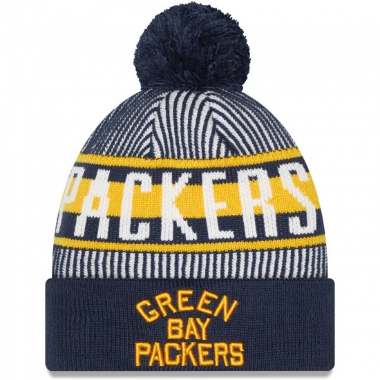 Green Bay Packers New Era Navy Striped Cuffed Knit Hat with Pom