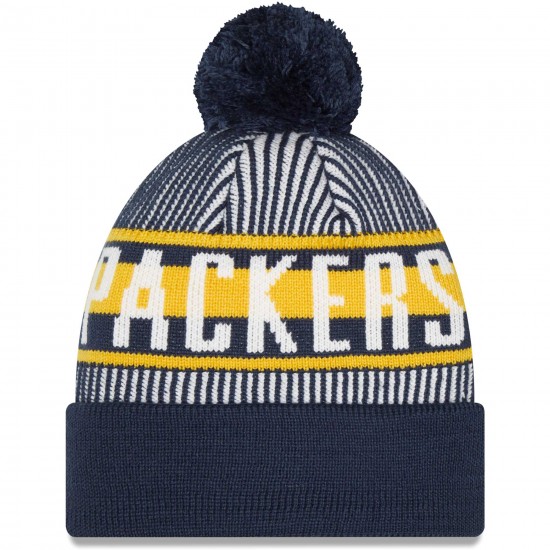 Green Bay Packers New Era Navy Striped Cuffed Knit Hat with Pom