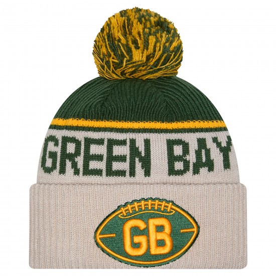 Green Bay Packers New Era Stone NFL Sideline Historic Cuffed Knit Hat with Pom