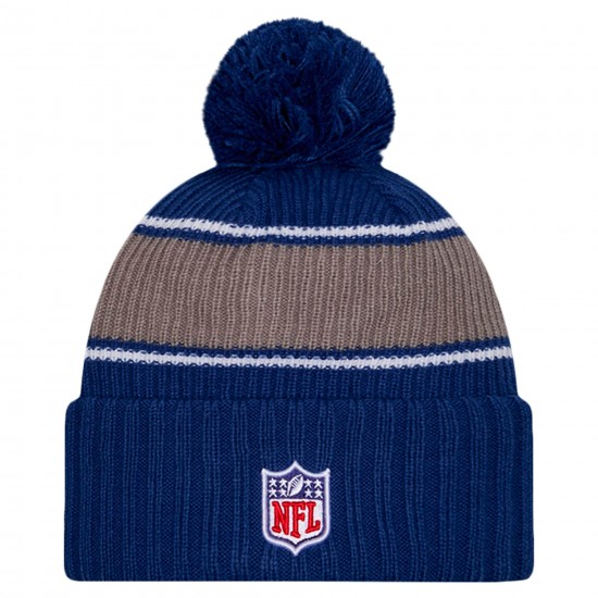 Indianapolis Colts New Era Royal 2024 Sideline Cuffed Knit Hat with Pom
