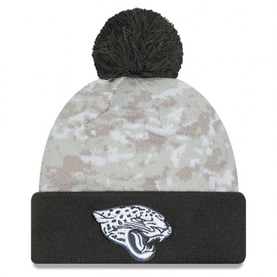 Jacksonville Jaguars  New Era White-Graphite 2024 Salute To Service Digital Camo Cuffed Knit Hat with Pom