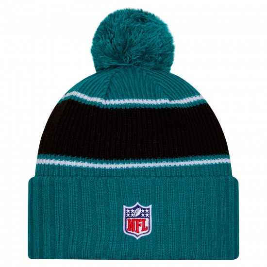 Jacksonville Jaguars New Era Teal 2024 Sideline Cuffed Knit Hat with Pom