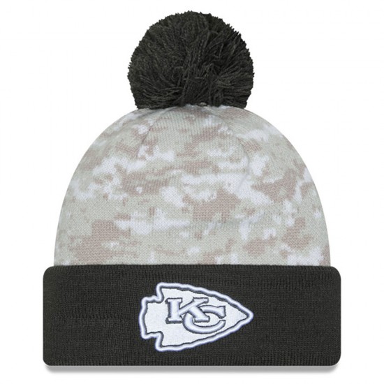 Kansas City Chiefs  New Era White-Graphite 2024 Salute To Service Digital Camo Cuffed Knit Hat with Pom