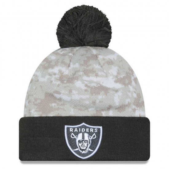 Las Vegas Raiders  New Era White-Graphite 2024 Salute To Service Digital Camo Cuffed Knit Hat with Pom