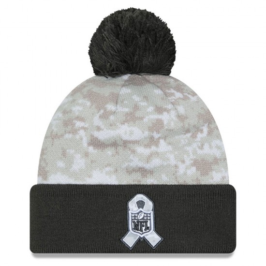 Las Vegas Raiders  New Era White-Graphite 2024 Salute To Service Digital Camo Cuffed Knit Hat with Pom