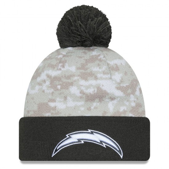Los Angeles Chargers  New Era White-Graphite 2024 Salute To Service Digital Camo Cuffed Knit Hat with Pom