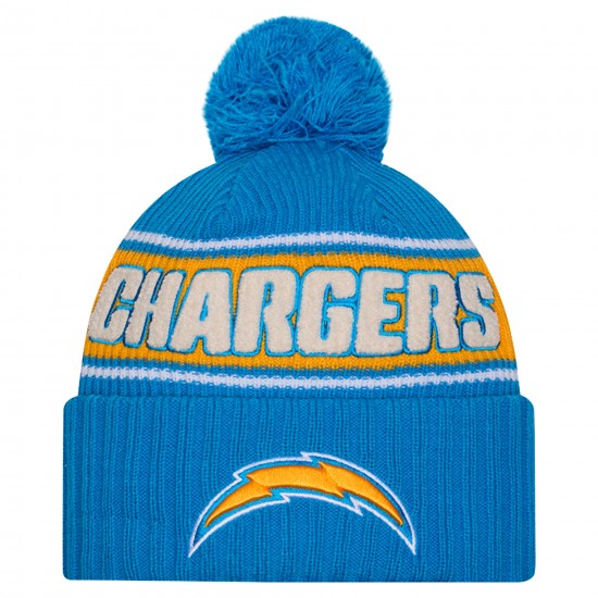 Los Angeles Chargers New Era Powder Blue 2024 Sideline Cuffed Knit Hat with Pom