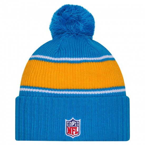 Los Angeles Chargers New Era Powder Blue 2024 Sideline Cuffed Knit Hat with Pom