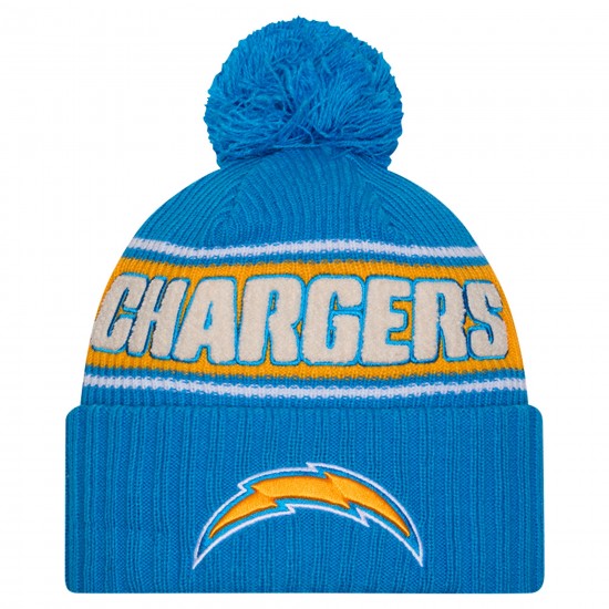Los Angeles Chargers New Era Powder Blue 2024 Sideline Sport Cuffed Knit Hat with Pom
