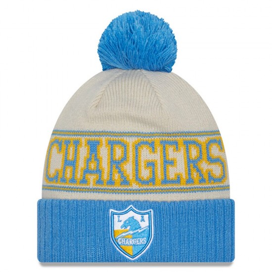 Los Angeles Chargers New Era Powder Cream-Blue 2023 Sideline Historic Pom Cuffed Knit Hat