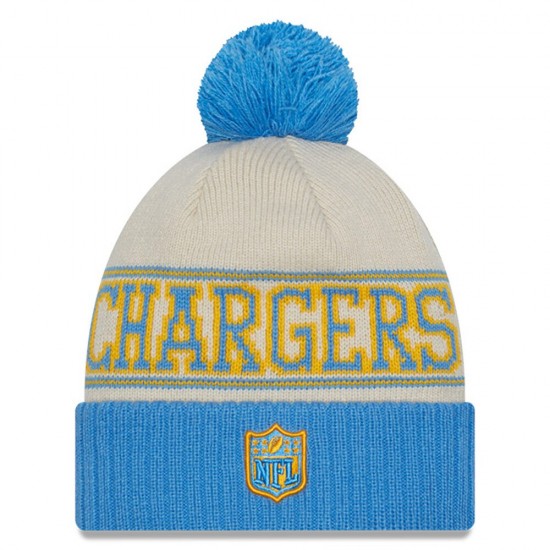 Los Angeles Chargers New Era Powder Cream-Blue 2023 Sideline Historic Pom Cuffed Knit Hat