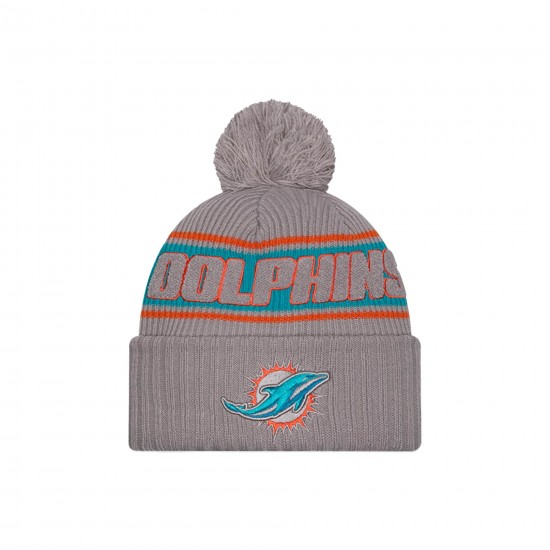 Miami Dolphins  New Era Gray 2024 Sideline Sport Cuffed Knit Hat with Pom