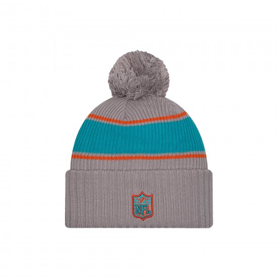 Miami Dolphins  New Era Gray 2024 Sideline Sport Cuffed Knit Hat with Pom