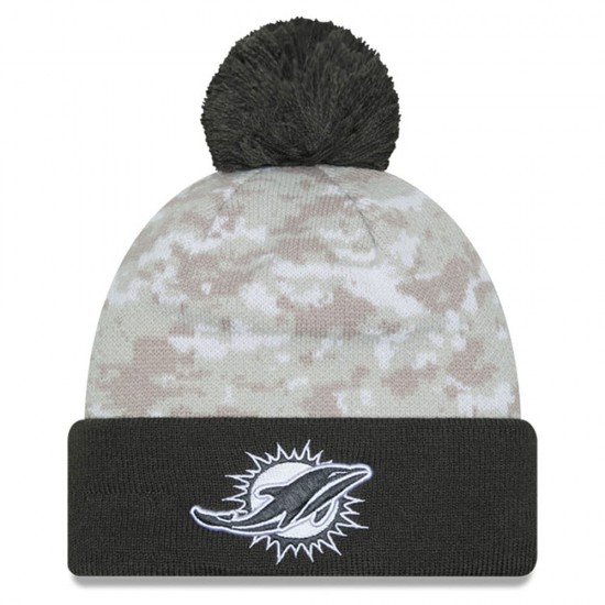 Miami Dolphins  New Era White-Graphite 2024 Salute To Service Digital Camo Cuffed Knit Hat with Pom