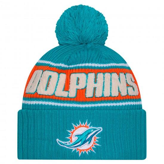 Miami Dolphins New Era Aqua 2024 Sideline Cuffed Knit Hat with Pom
