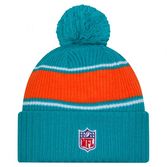 Miami Dolphins New Era Aqua 2024 Sideline Cuffed Knit Hat with Pom