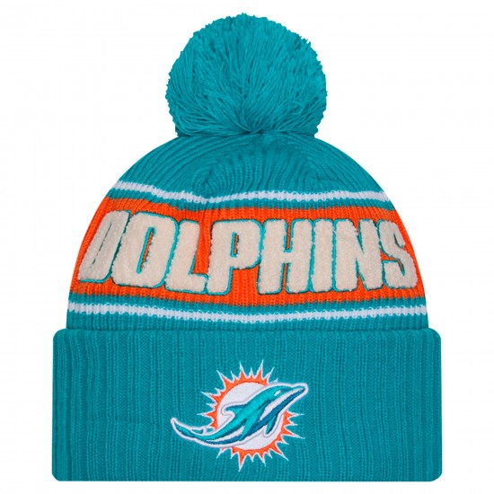 Miami Dolphins New Era Aqua 2024-25 Sideline Cuffed Knit Hat with Pom