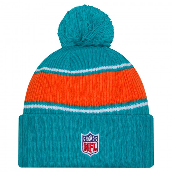 Miami Dolphins New Era Aqua 2024-25 Sideline Cuffed Knit Hat with Pom