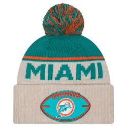 Miami Dolphins New Era Stone NFL Sideline Historic Cuffed Knit Hat with Pom
