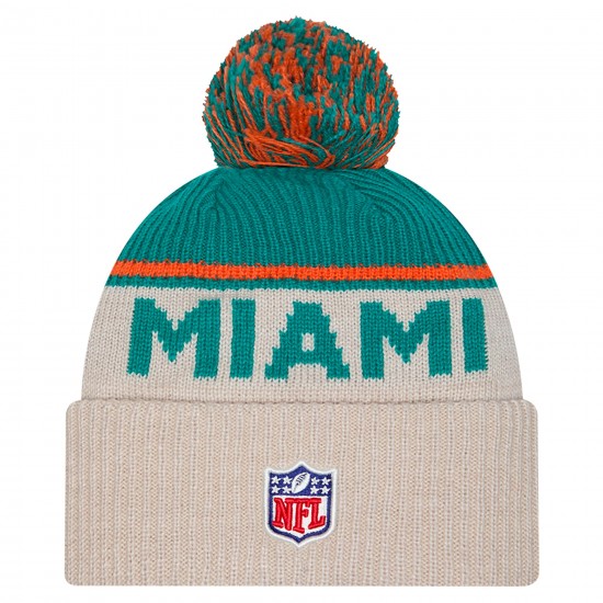 Miami Dolphins New Era Stone NFL Sideline Historic Cuffed Knit Hat with Pom